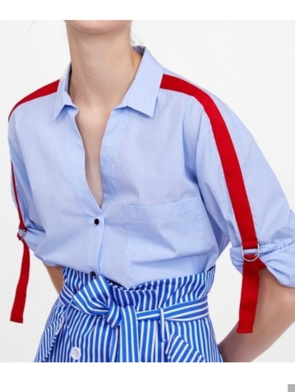 Zara Blue Button Down Long Sleeve Prep Red Stripe Shirt